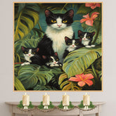 Jungle Retreat: Tuxedo Cat Mom and Four Kittens Exploring a Lush Tropical Paradise on Ready to Hang 1.5" Thick Canvas Wrap, Floating Framed Canvas, Flat Rolled Canvas
